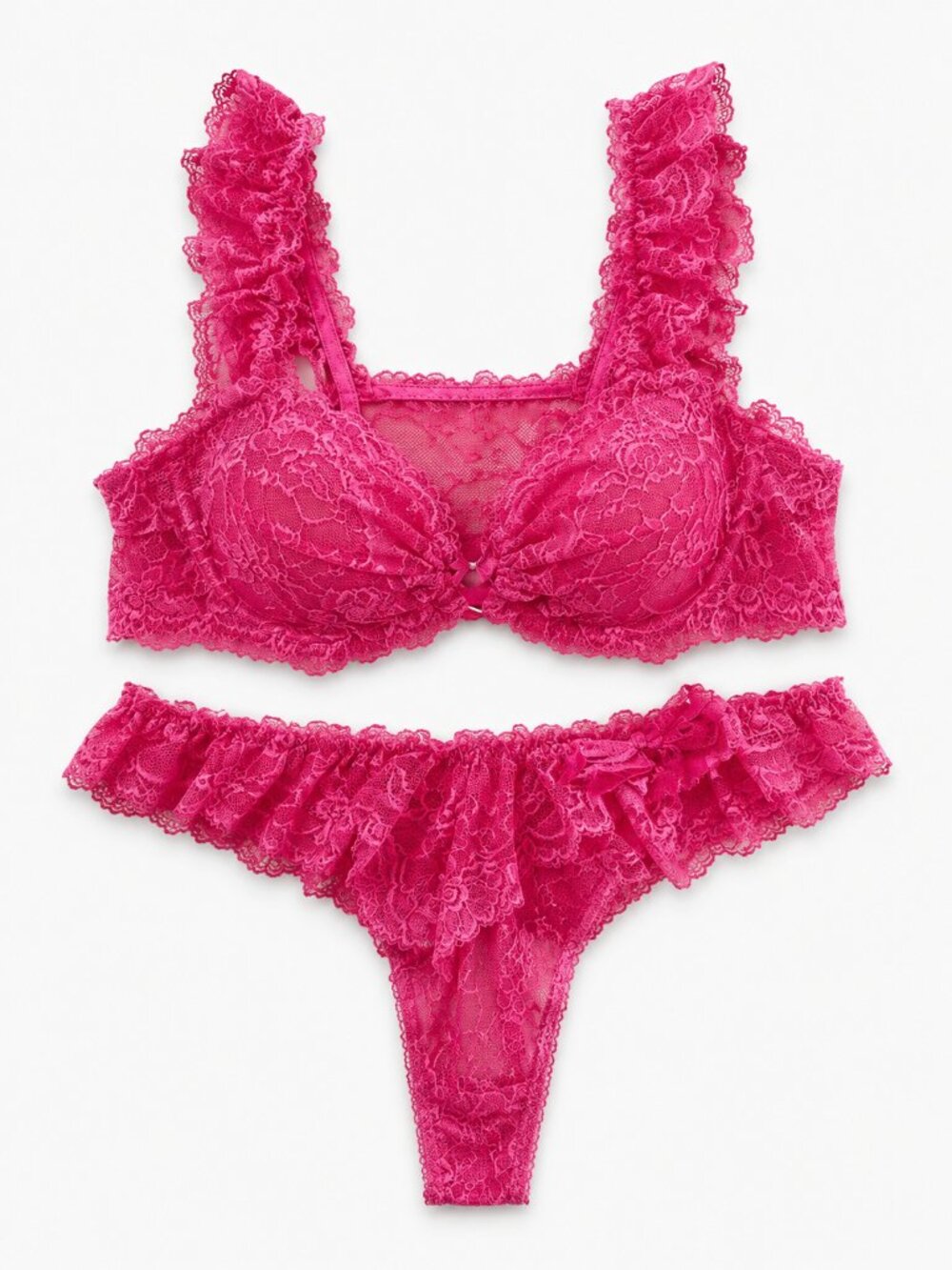 Sexy Shein Floral Lace Heart Ruffle Bralette & Panty Set Pink